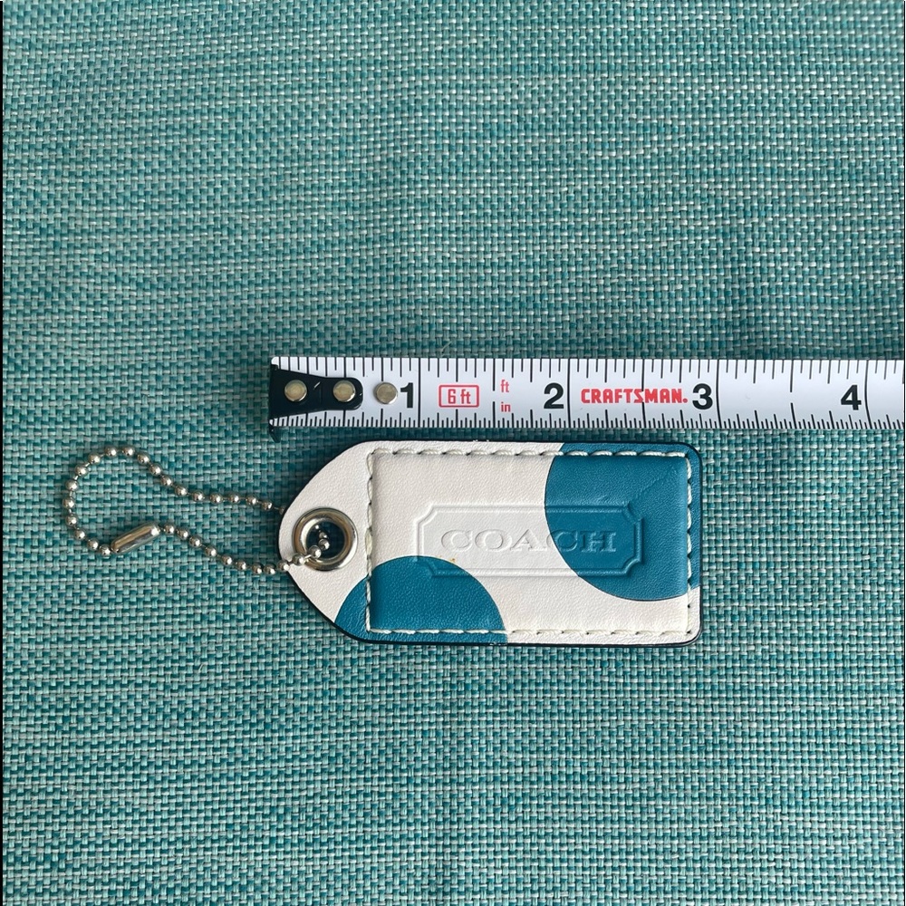 3" Large COACH WHITE BLUE POLKA DOT LEATHER KEY FOB BAG CHARM KEYCHAIN HANG TAG